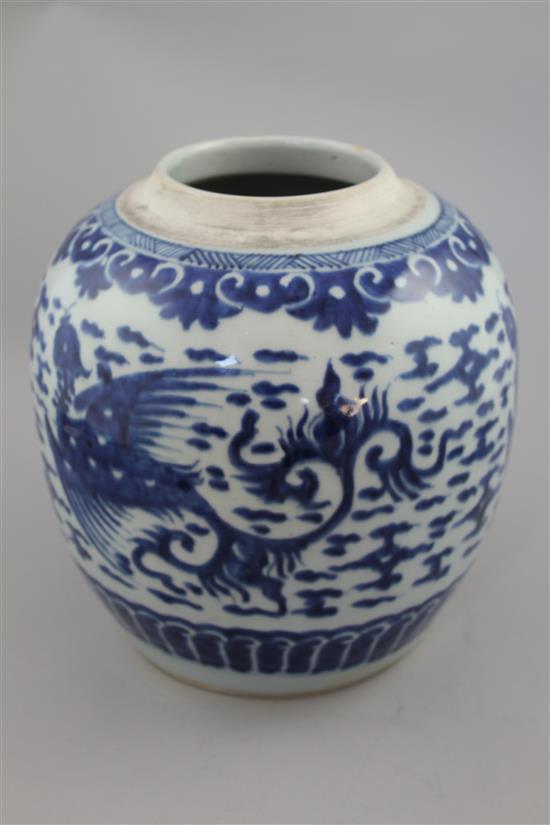 A Chinese blue and white jar, in Transitional style, 22cm, base cracked